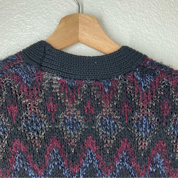 Lucky Brand Button Up Chunky Knit Cardigan Sweater M Fair Isle Black Metallic - Picture 4 of 16